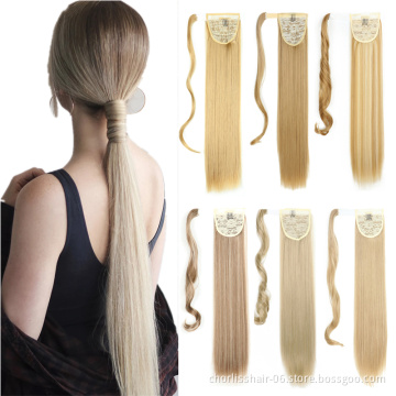Wholesale Natural Blonde Synthetic Hair Ponytail Extensions Silky Straight Clip In Ponytail Wrap Around Synthetic Hair For Girls
